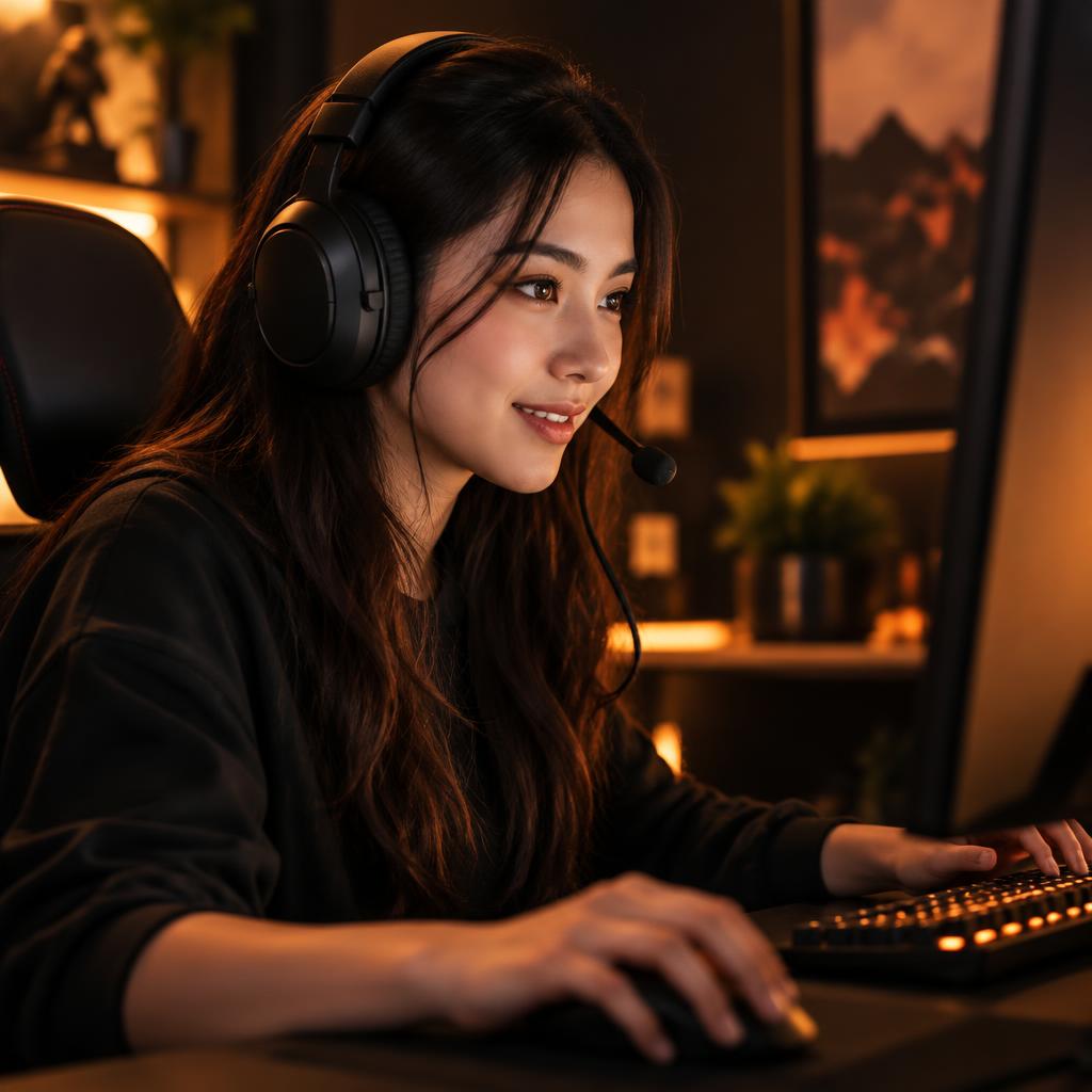 Pemain game mengenakan headset dan fokus bermain di komputernya