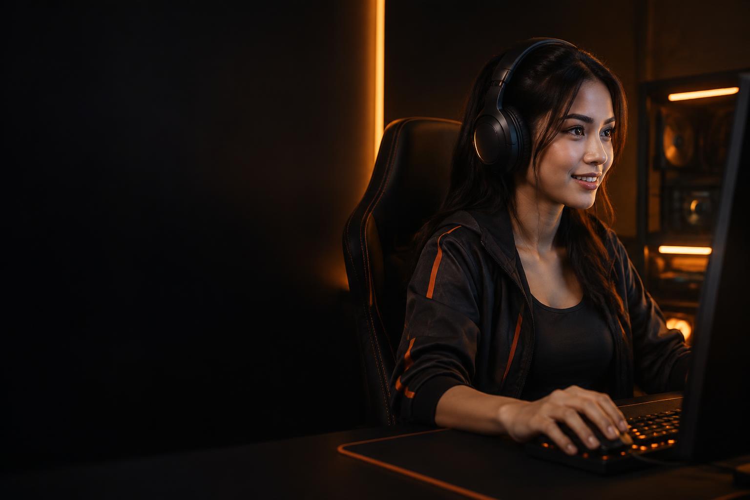 Perempuan menikmati permainan di depan komputer dengan headset gaming